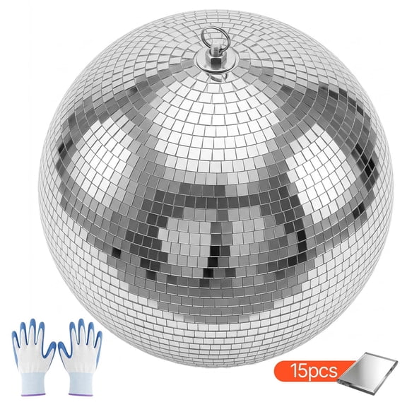 KFFKFF 16-Inch Silver Reflective Disco Ball with Hanging Ring, Ideal for Parties, Home Décor, Stage Props, Dance Clubs, and Events, Features Two Mirror Tile Sizes for Light Reflection
