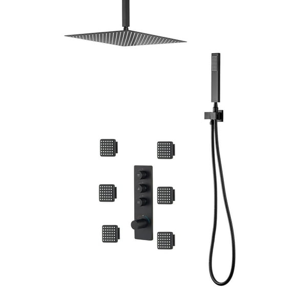 KFFKFF 16-Inch Thermostatic Ceiling Rainfall Shower System with 6 Body Jets and Handheld Spray, Rotatable 3-Function Rain Head, Brass Valve and Trim Kit, Matte Black