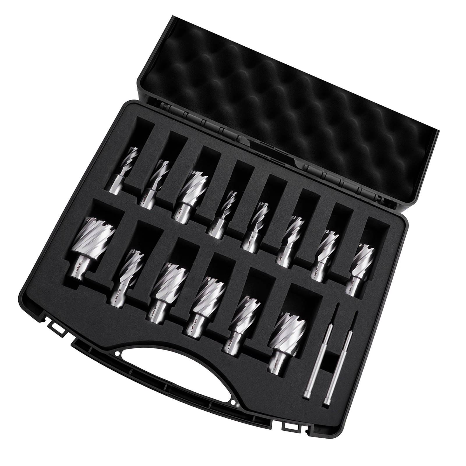 KFFKFF 16-Piece Annular Cutter Set, Weldon Shank Drill Bits Kit, 1" Depth, 7/16" to 1-3/8" Diameter, HSS, Includes 14 Cutters, 2 Pilot Pins, Plastic Case, Compatible with Magnetic Drills