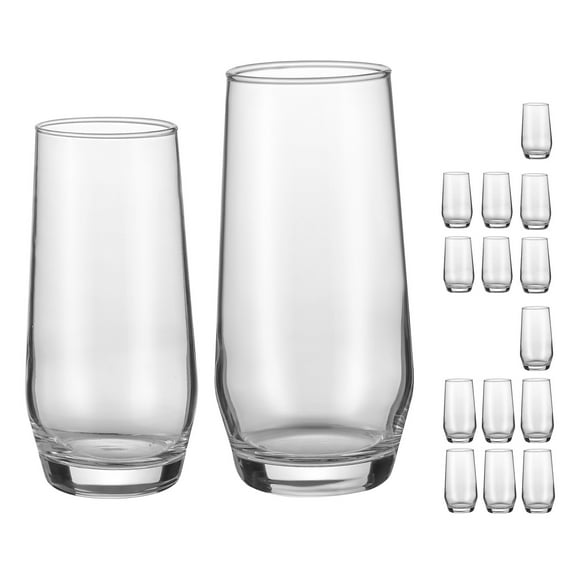 KFFKFF 16-Piece Drinking Glasses Set, Crystal Glassware Collection, Includes 8 Highball Glasses (18.26 Oz) and 8 Cocktail Glasses (11.5 Oz), Ideal for Kitchen, Beverages, Smoothies, Juices, Sodas