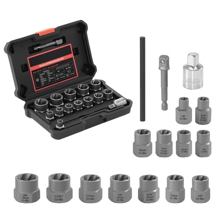 KFFKFF 16-Piece Impact Bolt and Nut Remover Set with Adapters and Pin Punch, Durable Storage Case, Cr-Mo Steel for Extracting Damaged, Rusted, Stripped, or Rounded Bolts, Nuts, and Screws