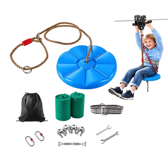 KFFKFF 160 ft Zipline Kit with 6 mm Steel Cable, Outdoor Zipline for Kids, Supports Up to 330 lb, Includes 6.9 ft Spring Brake, Detachable Trolley & Swing Seat, Suitable for Ages 6-16