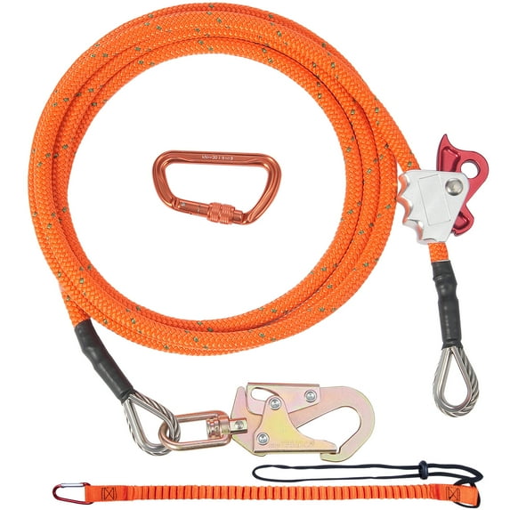 KFFKFF 16mm Steel-Core Climbing Lanyard, 12ft Length with Alloy Snap Hook & Aluminum Carabiner, 30KN Tension Rating for Arborist Safety, Tree Climbing Gear