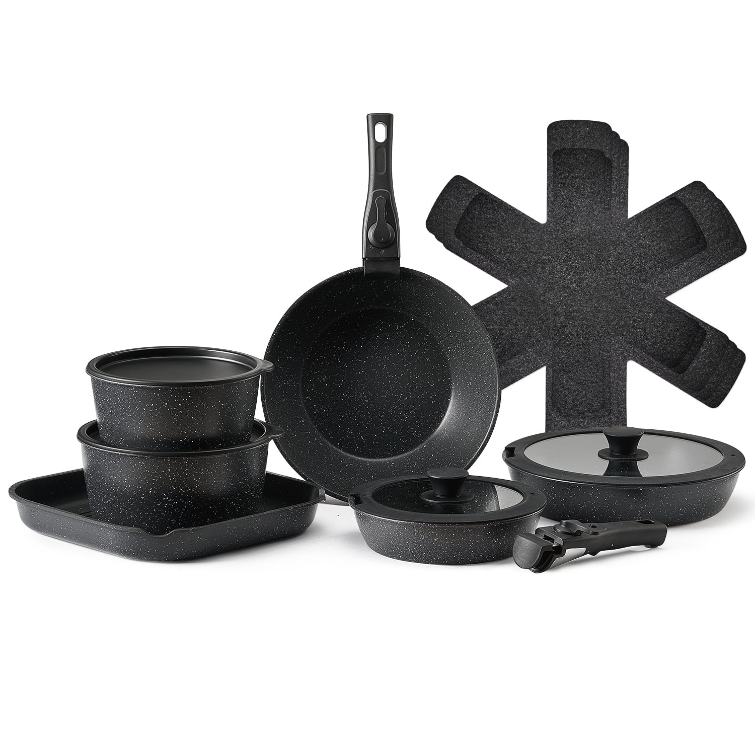 KFFKFF 17-Item Cookware Set, Granite Nonstick with Removable Handles, Compact Induction-Compatible Kitchenware, Ideal for RV Kitchens, Includes Fry, Sauce, Saute Pans, Tempered Glass Covers