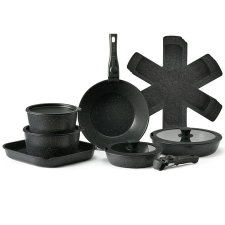 KFFKFF 17-Item Cookware Set, Granite Nonstick with Removable Handles, Compact Induction-Compatible Kitchenware, Ideal for RV Kitchens, Includes Fry, Sauce, Saute Pans, Tempered Glass Covers