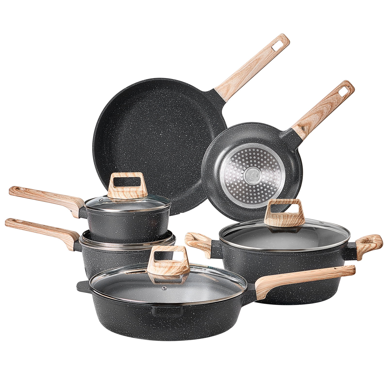 KFFKFF 17-Item Nonstick Cookware Collection, Granite Kitchen Set, Compatible with Induction Stoves, RV Cooking Ensemble with Fry, Sauce, Saute Pans, Reinforced Glass Covers, and Pan Guards, Black