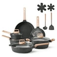 thumbnail image 1 of KFFKFF 17 Piece Non-stick Cookware Set, Compatible with Gas, Electric Induction Stoves, RV Cooking Ensemble with Fry, Sauce, Saute Pans, Reinforced Glass Covers, and Pan Guards, Black, 1 of 9