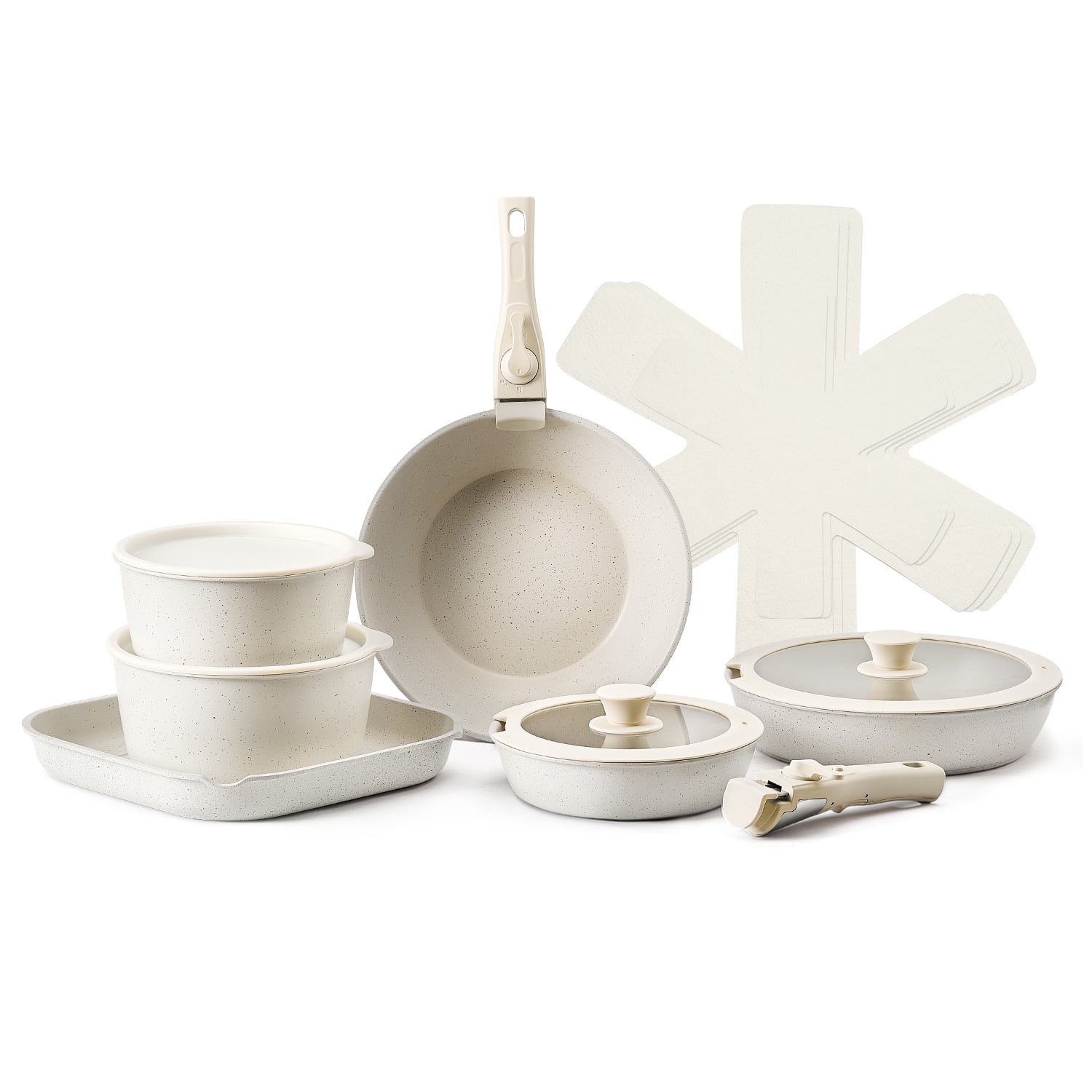 KFFKFF 17-Unit Nonstick Cookware Set, Removable Handle, Compact Induction-Compatible Kitchenware, Ideal for RV Kitchen, Includes Fry, Sauce, Saute Pans, Tempered Glass Covers, Oven-Friendly, White