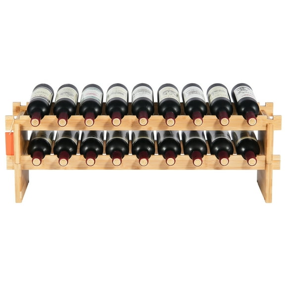 KFFKFF 18 Bottle Modular Wine Rack, 2-Level Bamboo Wood Storage, Freestanding Shelf for Kitchen, Bar, Cellar - Stable, Floor-Standing Display (Natural)