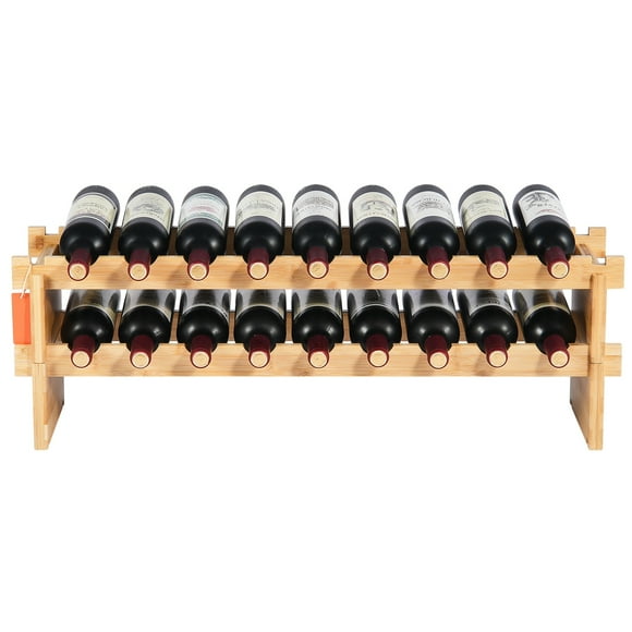 KFFKFF 18 Bottle Modular Wine Rack, 2-Level Bamboo Wood Storage, Freestanding Shelf for Kitchen, Bar, Cellar - Stable, Floor-Standing Display (Natural)
