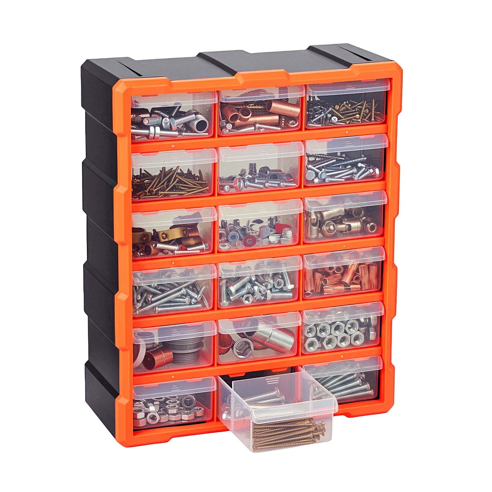 KFFKFF 18-Drawer Plastic Storage Organizer, Stackable Cabinet for Garage and Workshop, Wall-Mountable Small Parts Organizer for Tools, Beads, Screws, Crafts, and Building Blocks