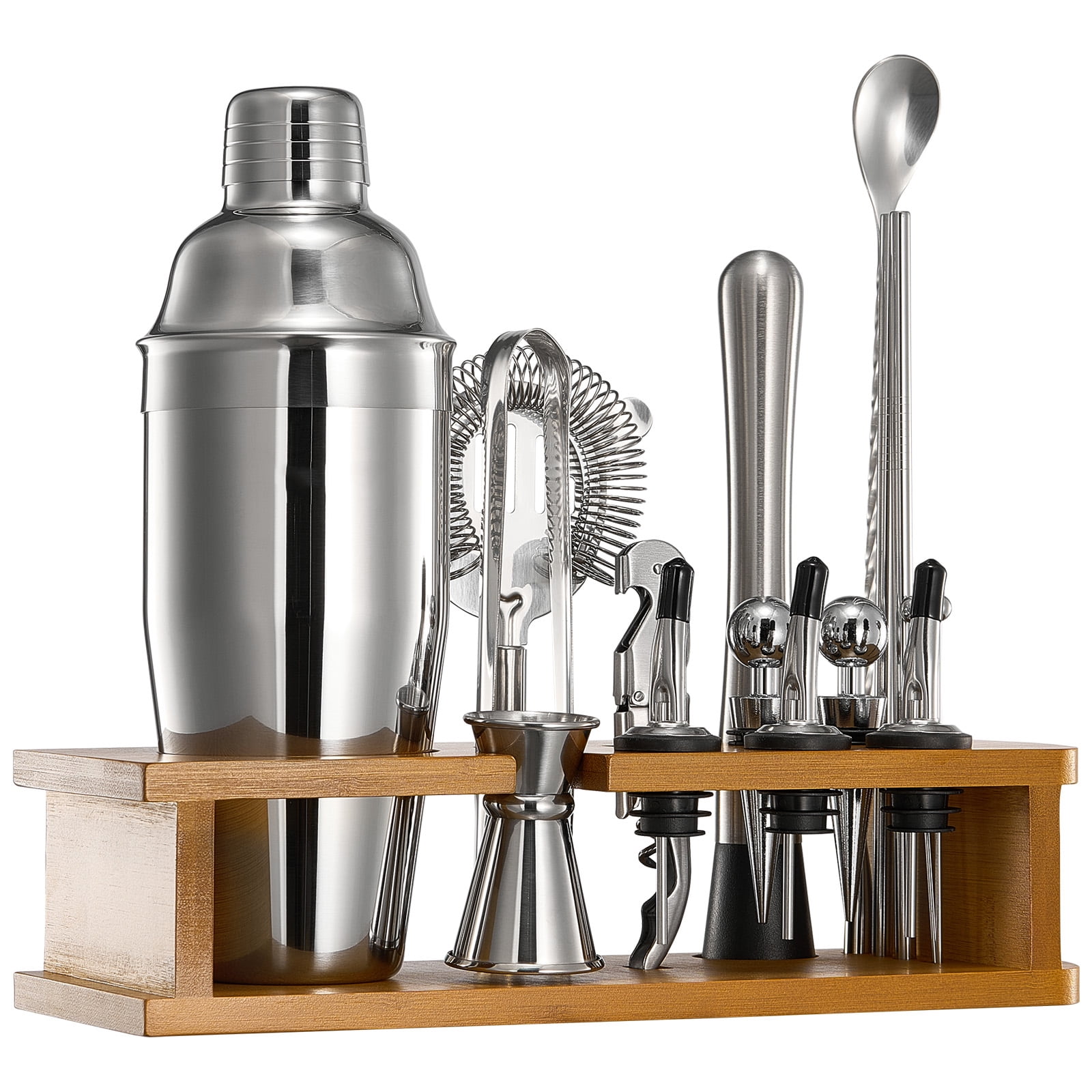 KFFKFF 18-Piece Cocktail Shaker Set Stainless Steel Bar Tools with Bamboo Stand Cocktail Shaker Set Bartender Kit for Home and Bar