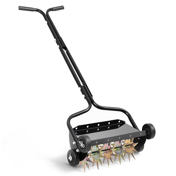 KFFKFF 18-inch Manual Push Lawn Aerator with 4 Wheels & Handle, Durable Grass Aeration Tool, Supports 40 lbs Added Weight, Rolling Aerator for Garden and Yard Soil Improvement