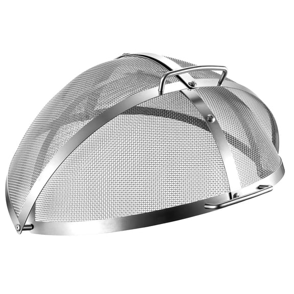 KFFKFF 19-Inch Fire Pit Spark Screen, Dome-Shaped Stainless Steel Mesh Cover with Handles and Poker, Suitable for Outdoor, Patio, Backyard, Camping, Heat-Resistant Design to Reduce Sparks, Silver