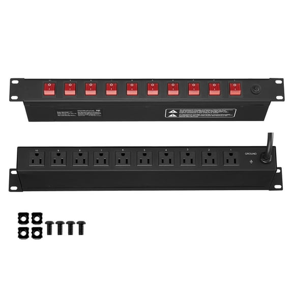 KFFKFF 1U PDU, Equipped with 10 Outlets, Designed for 19" Server Racks, Features Individual Switches, Surge and Overload Protection, 110-125V/15A, Suitable for Both Home and Office Use