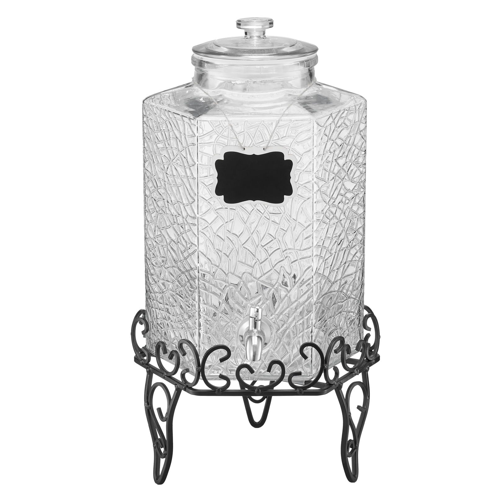 KFFKFF 2.5 Gallon Glass Beverage Dispenser with Metal Stand, Stainless Steel Spigot, Ideal for Serving Iced Tea, Lemonade, Juice, and Water at Gatherings