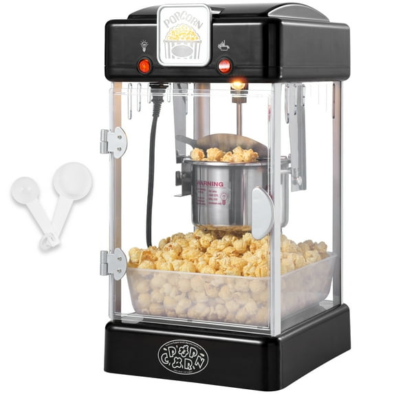 KFFKFF 2.5 Oz Commercial Popcorn Maker, 300W Popcorn Popper, 2.5 Oz Kettle Produces 4 QT Each Cycle, Countertop Popcorn Creator with PP Gate, Comes with 2 Ladles and Tray, Cinema Inspired, Black