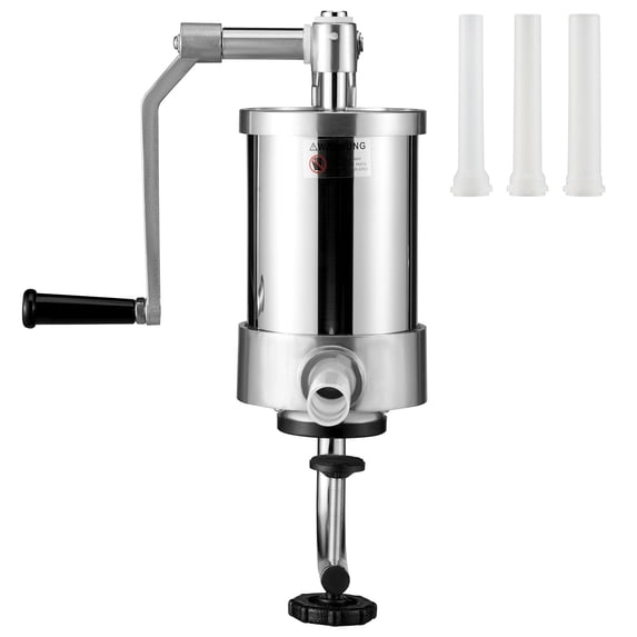 KFFKFF 2.5LBS/1.5L Capacity Stainless Steel Vertical Sausage Stuffer, Manual Filling Machine with 3 Tubes, Suction Base for Home or Commercial Use