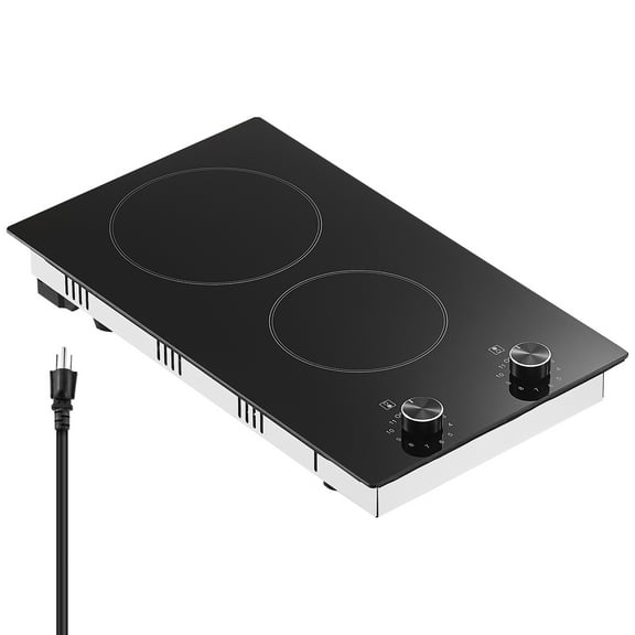 KFFKFF 2 Burner Electric Cooktop, Electric Range, 1800W 12" Built-in Electric Stove with Smooth Ceramic Surface, Glass Panel, Knob Controls, 11 Temperature Settings, 120V