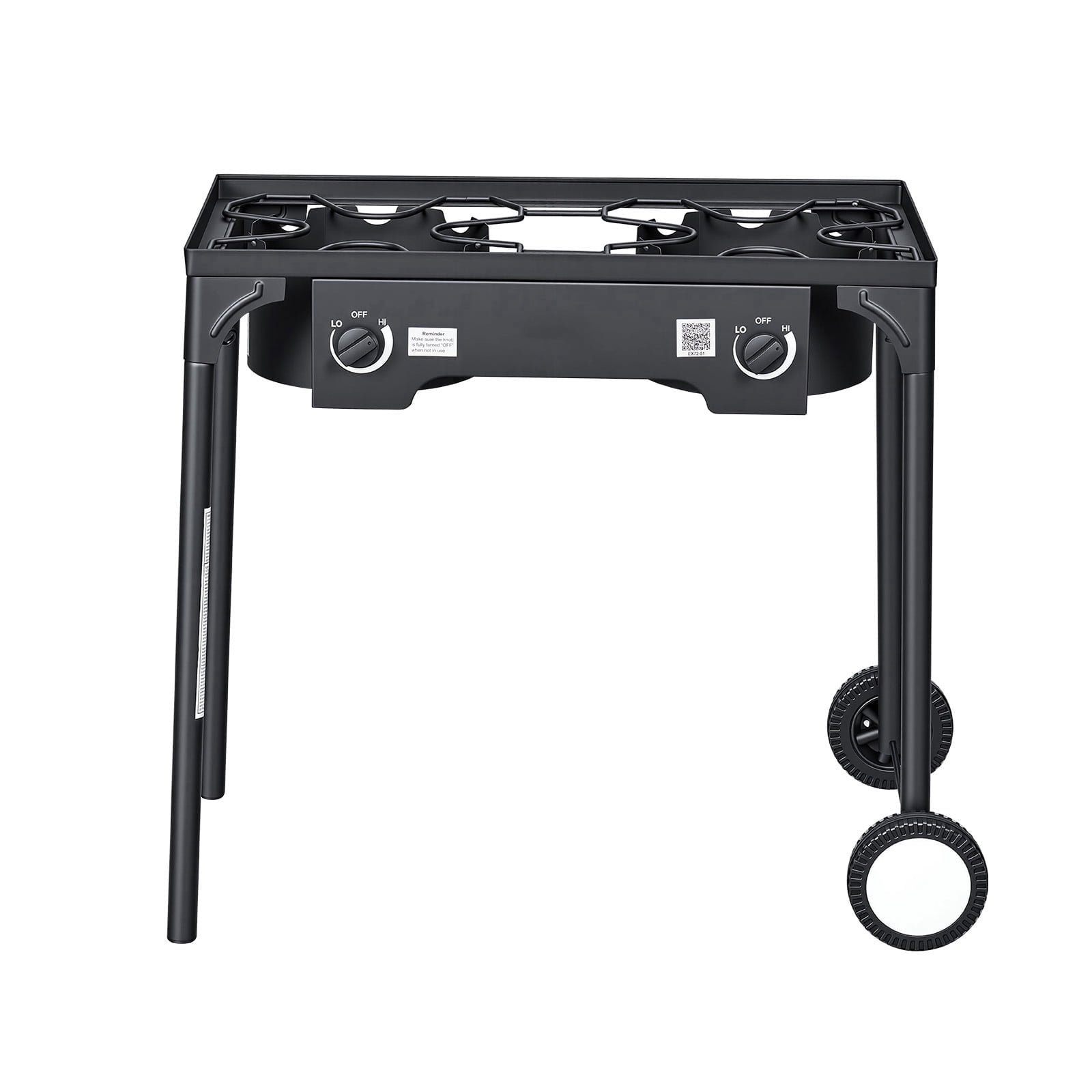 KFFKFF 2-Burner Outdoor Propane Gas Stove, 150,000 BTU LPG Camping Cooker, Durable Carbon Steel Design with Wheels, 20 PSI Regulator & Hose, Ideal for BBQs, Camping, and Backyard Use