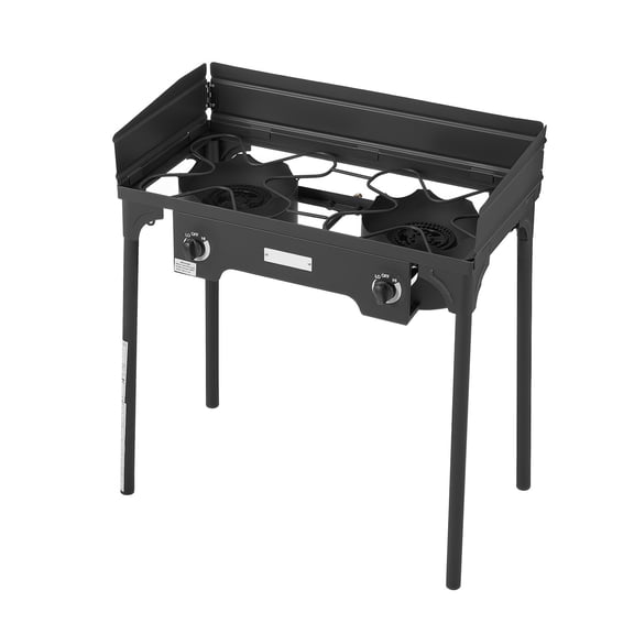 KFFKFF 2 Burner Outdoor Propane Gas Stove, 150,000 BTU LPG Camping Cooker, Durable Carbon Steel with Wind Shield, Tall Stand & Regulator, Ideal for BBQ, Camping, Patio, and Backyard Use