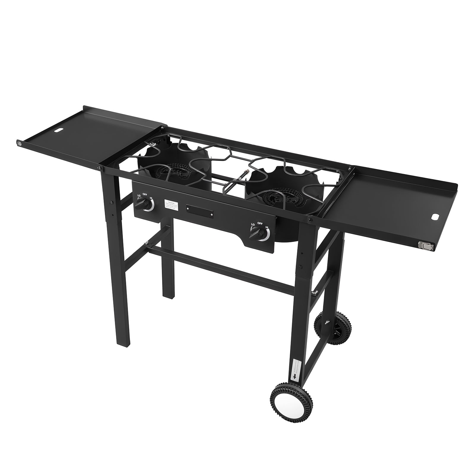 KFFKFF 2-Burner Outdoor Propane Gas Stove, 150,000 BTU LPG Camping Cooker, Foldable Heavy-Duty Carbon Steel Design with Wheels, Shield, and 20 PSI Regulator, Ideal for BBQs, Camping,and Patio Cooking