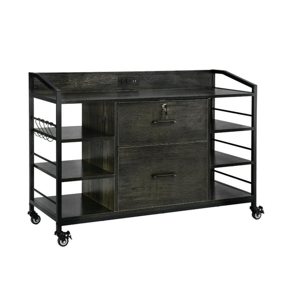 KFFKFF 2-Drawer Metal File Cabinet with Lock, Lateral Filing Cabinet with 6 Open Shelves, Wooden Wide Storage Cabinet with Power Strip for Letter, A4, and Legal Size Files, Easy to Assemble, Gray