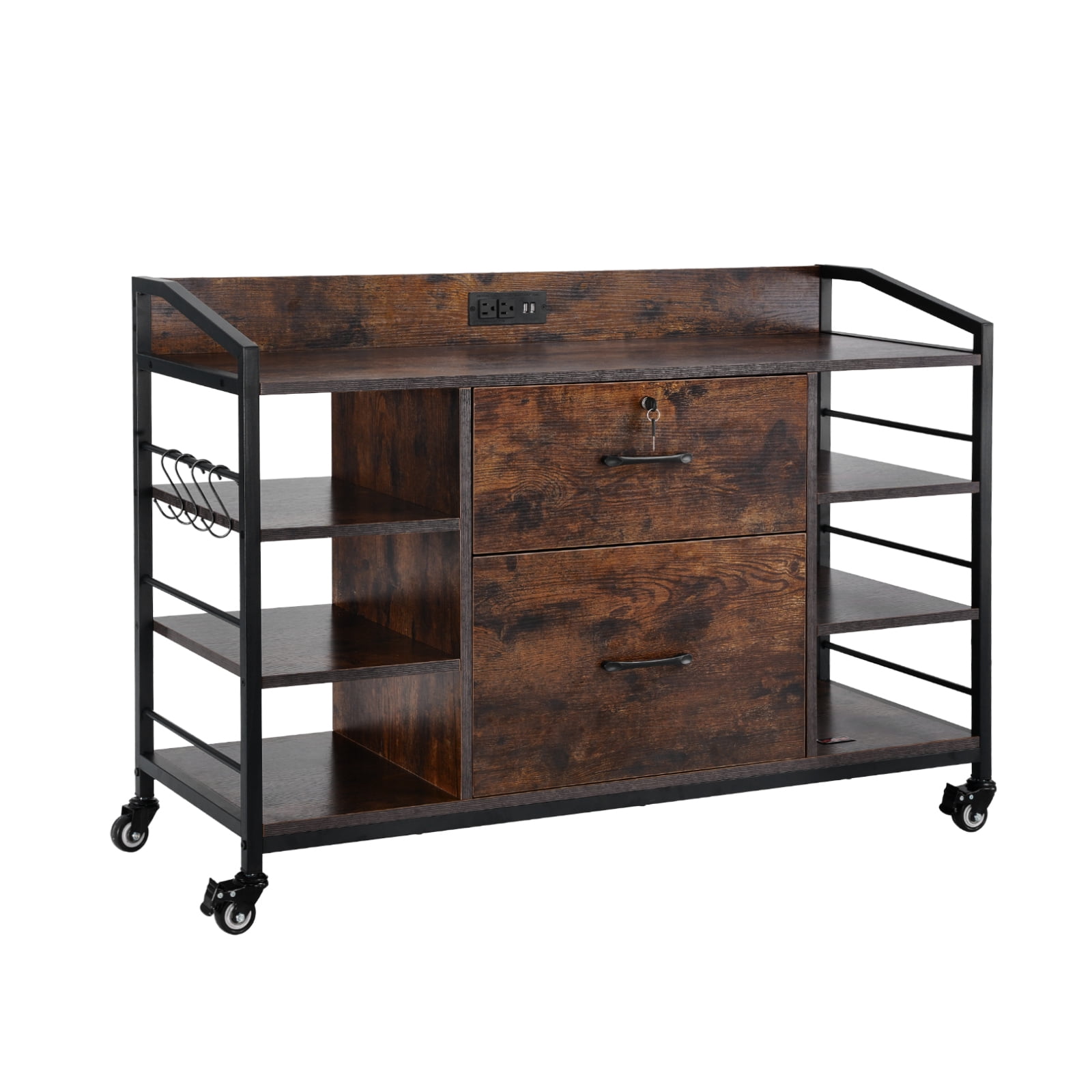 KFFKFF 2-Drawer Metal File Cabinet with Lock, Lateral Filing Cabinet Featuring 6 Open Shelves, Wooden Storage Unit with Power Strip for Letter, A4, and Legal Size Files, Easy to Assemble, Brown