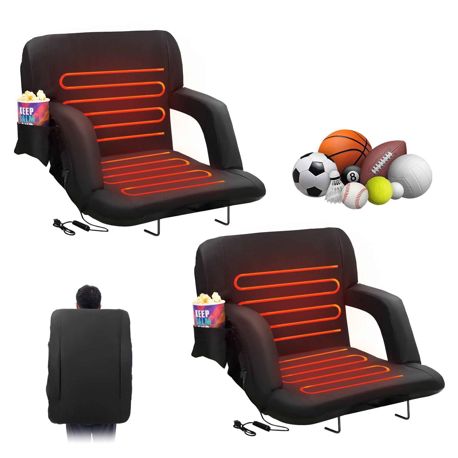 KFFKFF 2 Pack Dual Heated Backpack Stadium Support Reclining Bleacher Chair,23 inch Wide Folding Stadium Seat with Back Supports Thick Padded Cushion Armrests Reclining