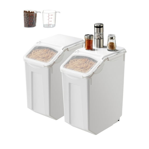 KFFKFF 2 Pack Food Storage and Dispenser, 4.5Gallon/20L Capacity Grain Storage Bin with Clear Lid, Kitchen Grain and Flour Storage, Pet Food Carriers with Casters, Includes 2 Scoops