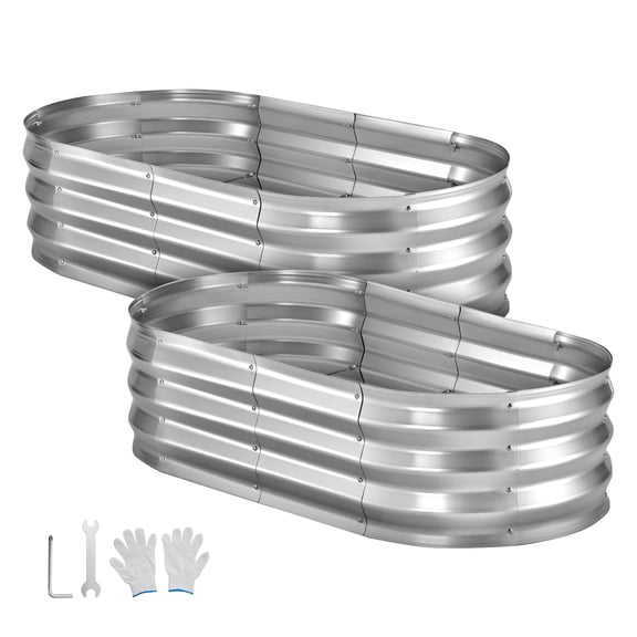 KFFKFF 2 Pack Galvanized Raised Garden Beds, 4 x 2 x 1 ft, Oval Metal Planter Boxes Kit for Outdoor Use, Bottomless Elevated Garden Box with Gloves, Alu-Zinc Material, Silver