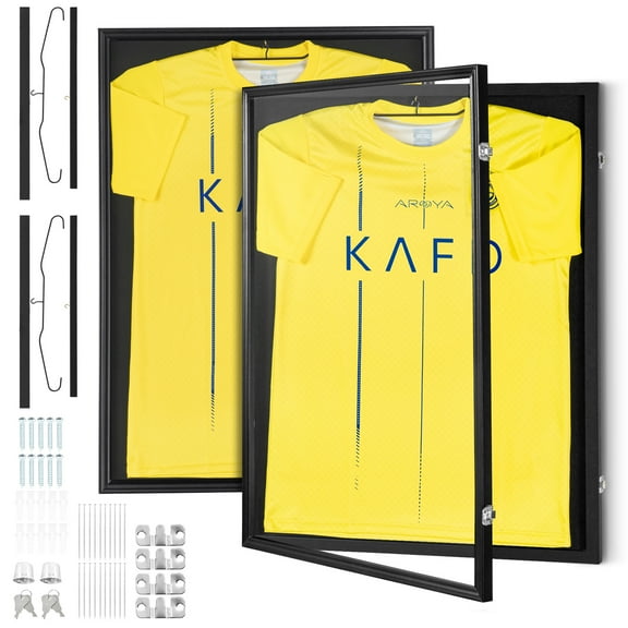 KFFKFF 2-Piece Set of Jersey Display Football Basketball Frames, 23.3x31.2x1.5 '', Secure Locking Jersey Shadow Boxes with PC Glass Offering 98% UV Protection, Includes Hangers