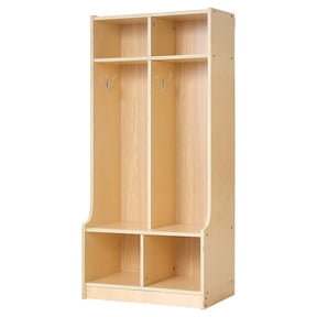 KFFKFF 2-Section Wooden Kids Coat Locker, Toddler Storage Organizer with 4 Hooks & Anti-Tip Kit, Modern Design with 4 Small Open Compartments for Home, Kindergarten, or Daycare, Natural Finish