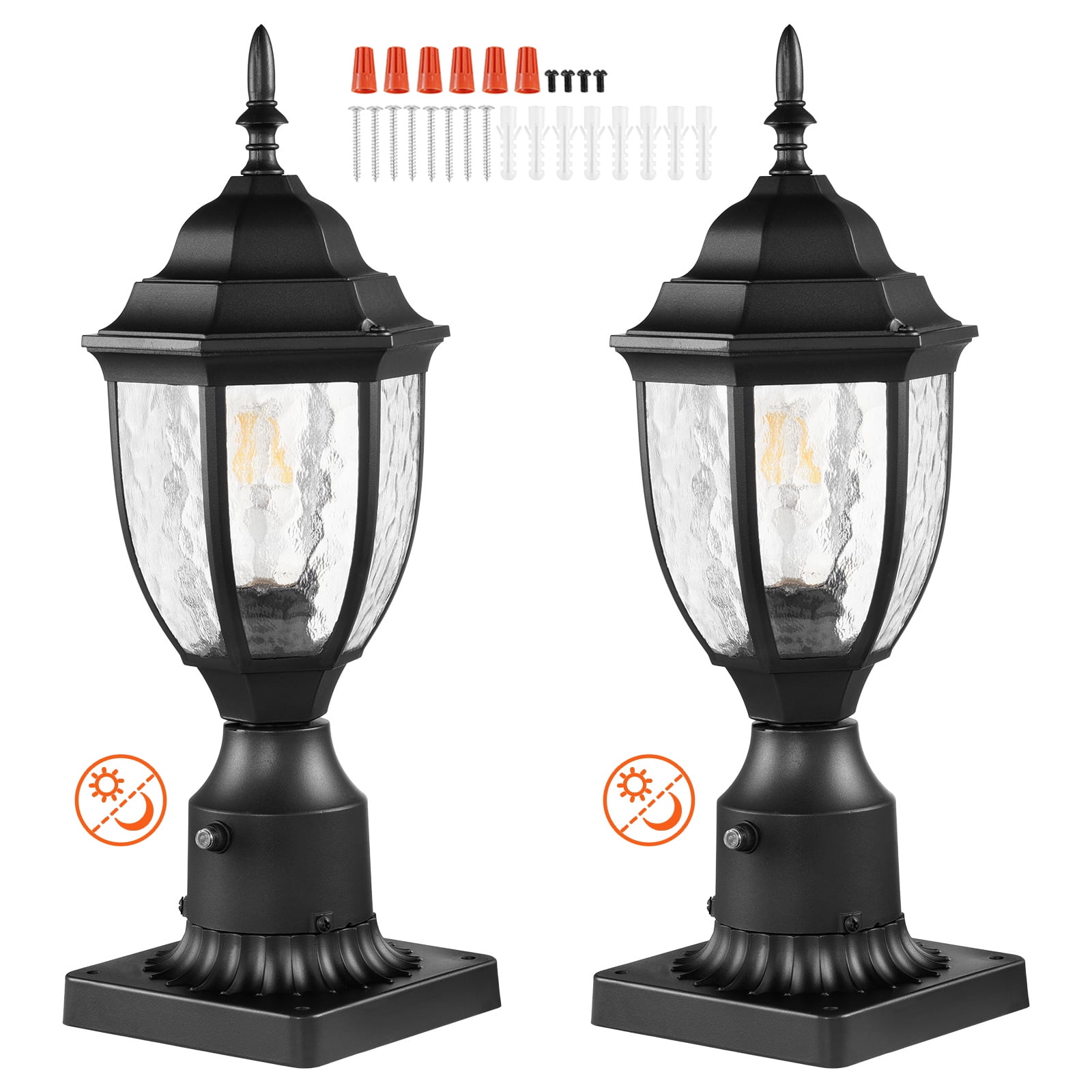 KFFKFF 2 Set Twilight to Sunrise Outdoor Post Light, 15.35 in, Weather-Resistant Lamp Post Lights with 3.5 in Base for Pier Mount, Glass Enclosure, Resilient Against Lightning