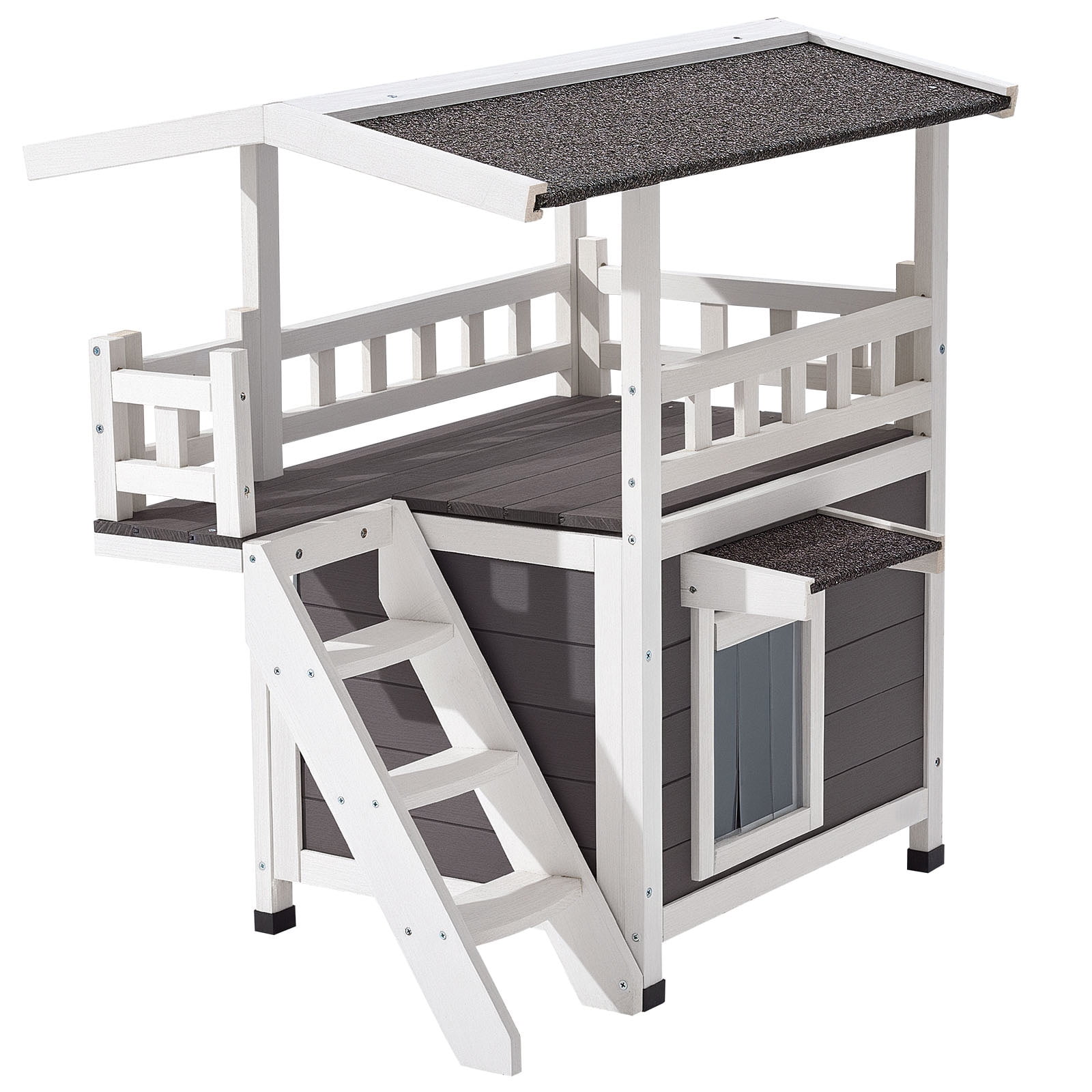 KFFKFF 2-Story Wooden Cat House with Stairs & Balcony, Elevated Shelter for Feral and Domestic Cats, Weather-Resistant Design, Spacious Interior, Suitable for Indoor and Outdoor Use, 30 x 22 x 30 in