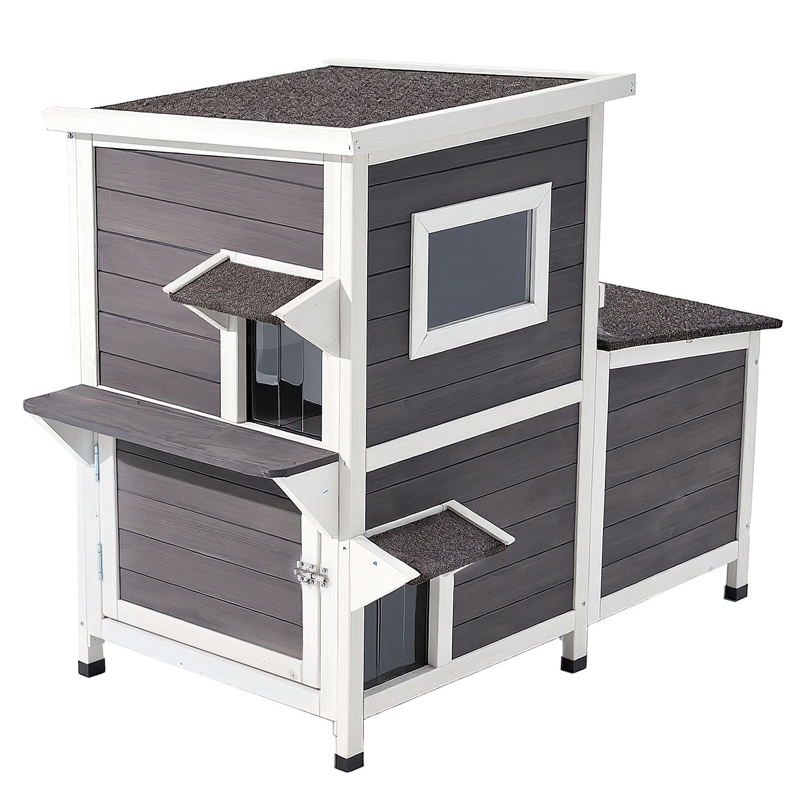 KFFKFF Wooden 2-Story Outdoor Cat House, Elevated Shelter for Feral Cats with Stairs, Windows, Flap Doors, 42"