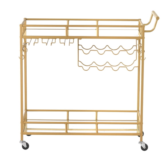 KFFKFF 2-Tier Bar Cart with Mirrored Glass Shelves, Rolling Utility Trolley for Drinks and Kitchen Use, Includes Wine Rack and Glass Holder, Ideal for Living or Dining Rooms, Gold Finish