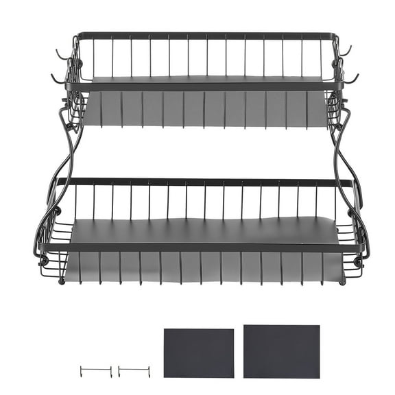 KFFKFF 2-Tier Fruit Basket with Banana Hooks, Metal Wire Storage Organizer for Kitchen Counter, Detachable and Stackable Holder for Fruits, Vegetables, Bread, and Snacks, Black