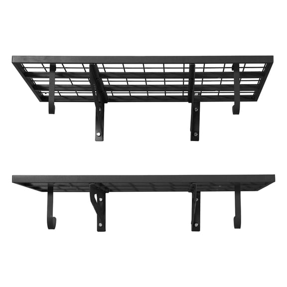 KFFKFF 2-Tier Heavy Duty Wall-Mounted Garage Shelving, 2 x 3 ft Steel Shelves with Hooks, 24 x 36 Inch Floating Storage Rack, 500 lbs Total Weight Capacity, Black