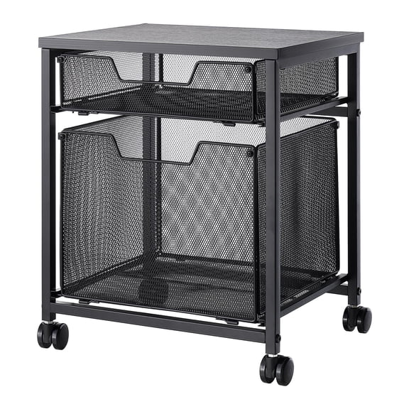 KFFKFF 2-Tier Mobile File Cart with Wheels and Drawers, Large Storage Organizer for Home or Office, Supports Hanging File Folders, Easy to Move, 45 lbs / 20.5 kg Capacity, Black