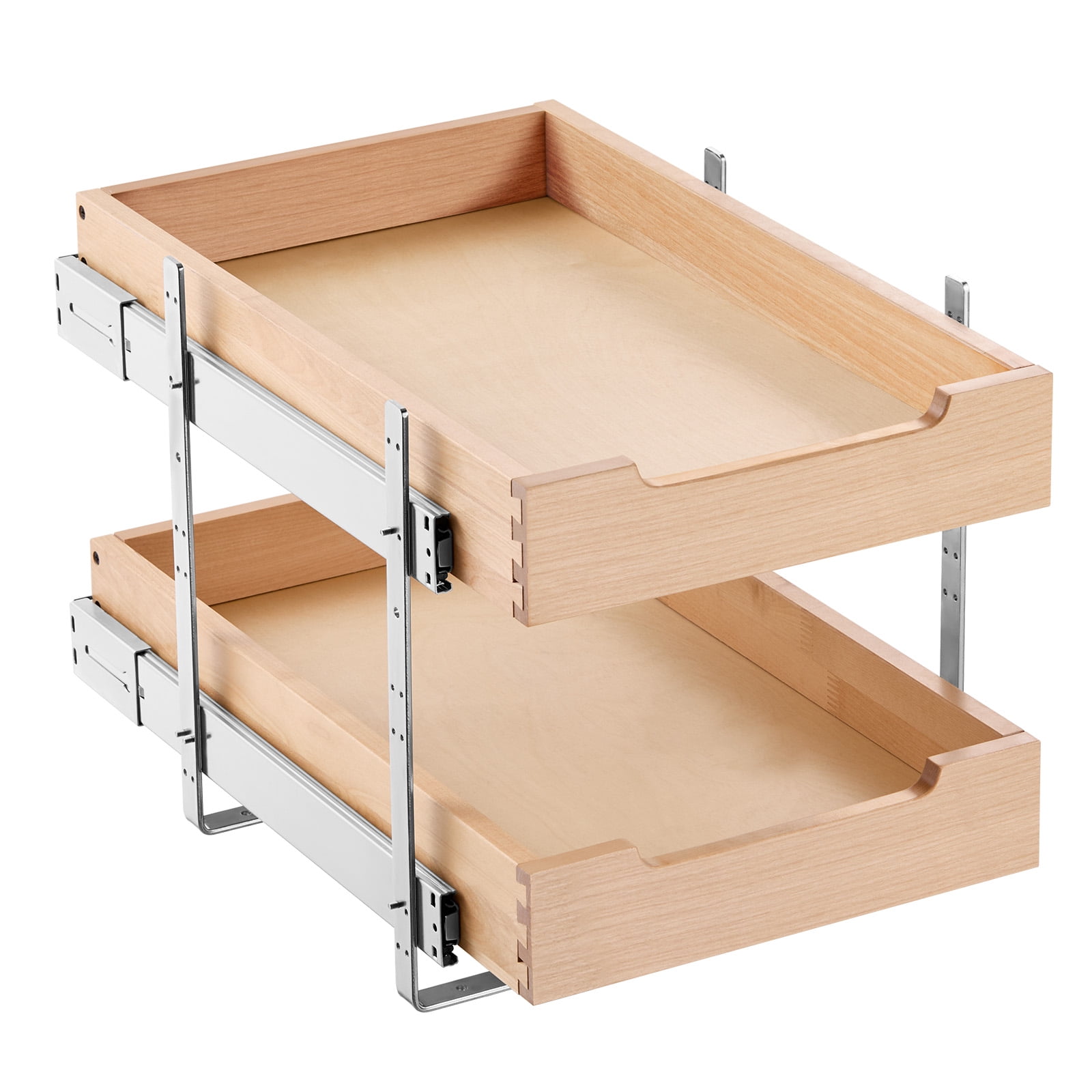 KFFKFF 2-Tier Pull-Out Cabinet Organizer, 14"W x 21"D Sliding Drawer, Soft-Close Shelf, Durable Wooden Design, Adjustable Base for Kitchen, Pantry, or Bathroom Storage