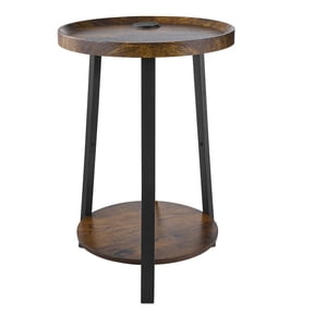 KFFKFF 2-Tier Round Side Table with Open Shelves, Modern Nightstand with USB & AC Charging Ports, Wooden Coffee Table for Living Room, Bedroom, Office, Dorm, Brown