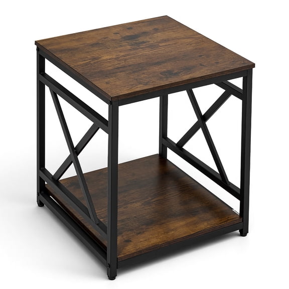 KFFKFF 2-Tier Square Side Table with Open Shelves, Modern Nightstand with X-Design Metal Frame, Wooden Coffee Table for Living Room, Bedroom, Office, Dorm, Brown