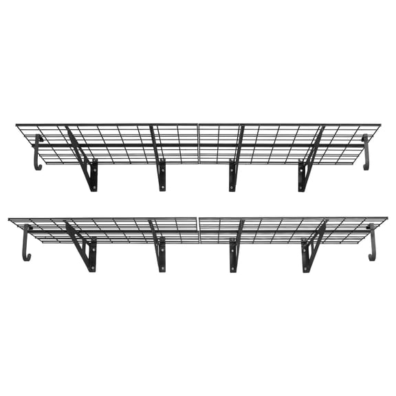 KFFKFF 2-Tier Wall-Mounted Garage Shelving, 8-Pack 1 x 3 ft Steel Storage Units with Hooks, 24 x 72 Inch Per Shelf Metal Rack, 1000 lbs Total Capacity, Black