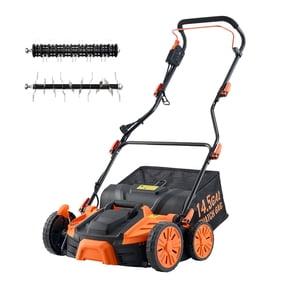 KFFKFF 2-in-1 Electric Lawn Dethatcher and Scarifier, 16-Inch 15 Amp, Corded Yard Tool with 14.5-Gallon Collection Bag, Adjustable Depth Settings, Walk-Behind Design for Grass and Garden Maintenance