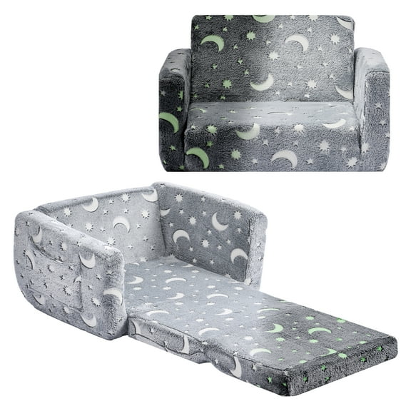 KFFKFF 2-in-1 Foldable Kids Sofa with Armrests, Glow-in-the-Dark Toddler Couch with Soft Sponge & Flannel, Convertible Chair to Lounger for Reading and Play, Medium, Gray
