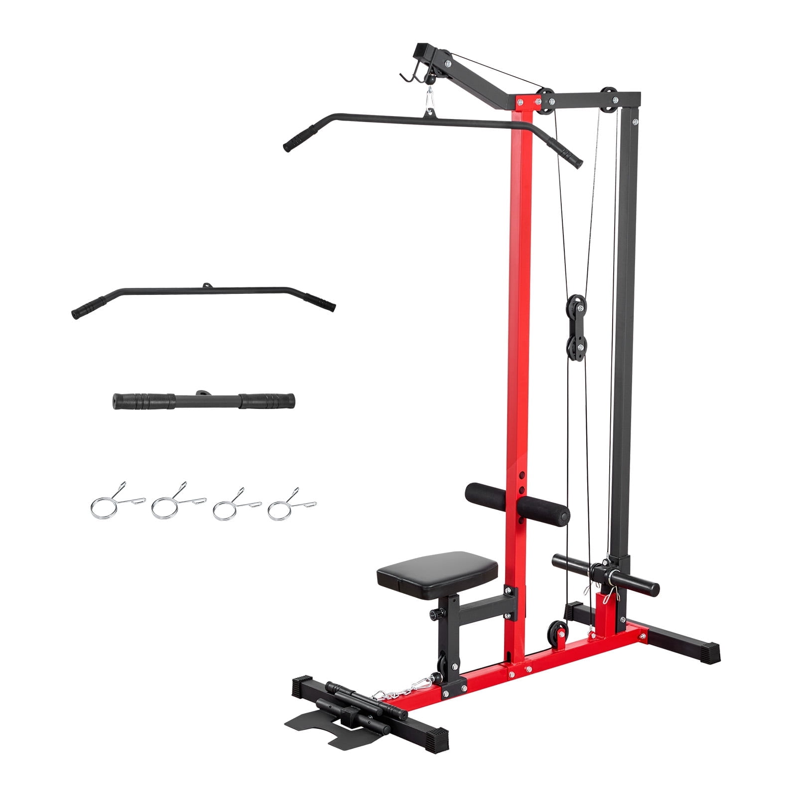 KFFKFF 2-in-1 LAT Pull Down and Row Machine, Adjustable Cable System for Home Gym, Features 3-Level Seat and 4-Level Foam Roller, Supports Up to 500 lbs, Ideal for Back, Chest, Black and Red