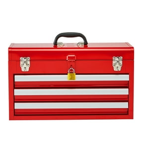 KFFKFF 20.5-Inch Portable Metal Tool Box with 3 Drawers, Small Tool Chest Featuring EVA Liners, Ball-Bearing Slides, Lockable Design, and Powder-Coated Finish, Red Multi-Purpose Organizer