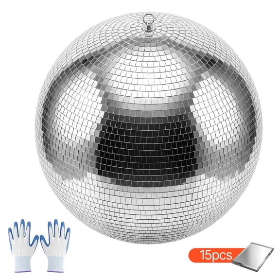 KFFKFF 20-Inch Silver Reflective Disco Ball with Hanging Ring, Ideal for Parties, Home Decor, Stage Props, Dance Clubs, and Events; Features Two Mirror Tile Sizes for Light Reflection