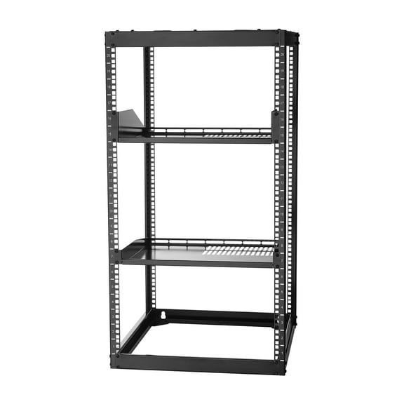 KFFKFF 20U Open Frame Network Rack, 23-Inch Depth, Wall-Mountable or Floor-Standing Server Rack, Sturdy 4-Post Design with Vented Shelves and Mounting Accessories, Compatible with Networking